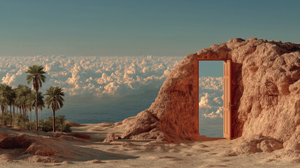 Open door on desert hill with palm trees and cloudy sky view, Generative Ai 

