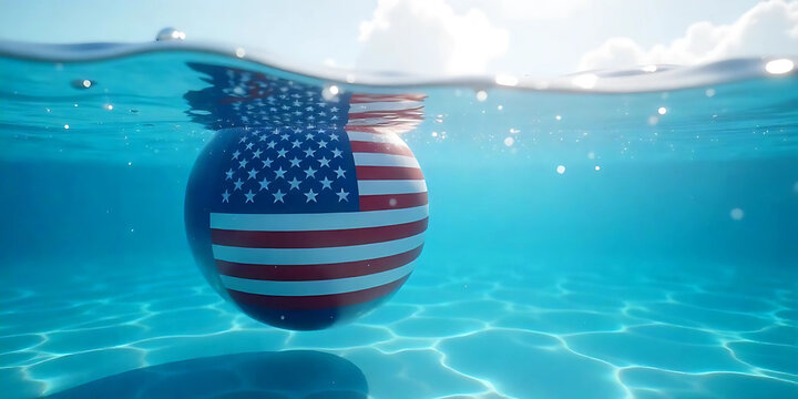 A globe featuring the American flag is submerged in clear blue water - Powered by Adobe