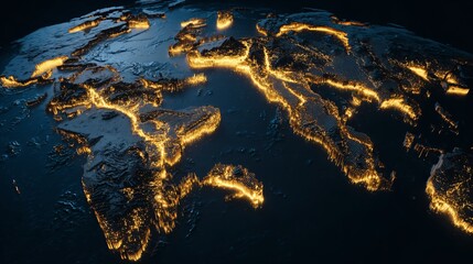 Obraz premium Majestic submerged continent map glowing with golden tectonic lines beneath deep blue ocean surface, symbolizing lost civilizations, geological mysteries, and underwater exploration futuristic sci-fi 