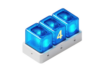 Three translucent blue cube-shaped digital displays, arranged horizontally on a white base, each displaying the number 4 in a bold yellow font