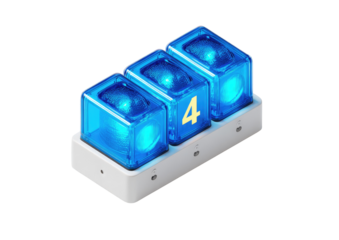 Three translucent blue cube-shaped digital displays, arranged horizontally on a white base, each displaying the number 4 in a bold yellow font