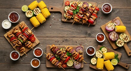 a rustic wooden picnic table laden with an array of freshly grilled chicken skewers, vibrant grilled vegetables corn on the cob, and various BBQ sauces in small ramekins. Soft, diffused daylight.