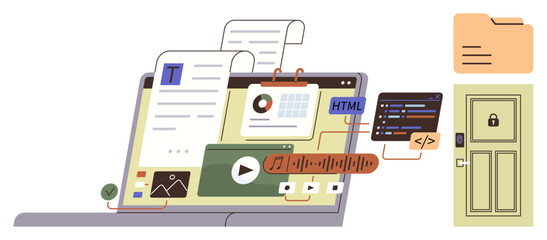Open laptop showcasing documents, media files, code editor, and design tools. Folder and locked door symbolize data security. Ideal for programming, cybersecurity, education, technology content