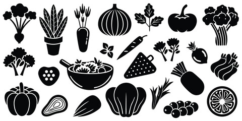 Collection of fresh vegetables and fruits silhouettes isolated on white background