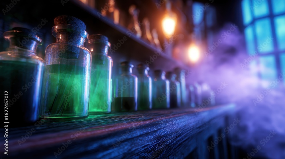 Aufkleber enchanted potion bottles lined on a shelf in a mystical laboratory with glowing lights and fog