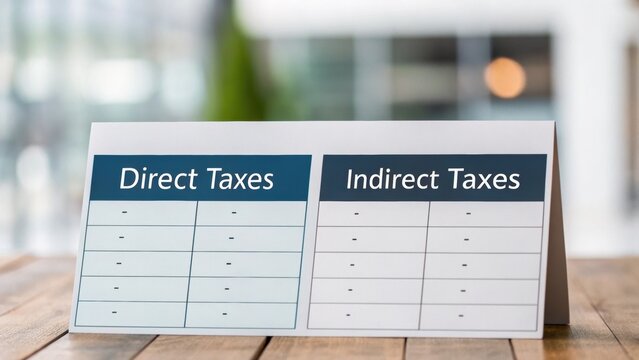 government taxation Tax classification display highlighting direct and indirect taxes on a wooden table.