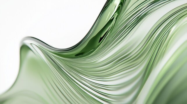 Close-up of green glass with elegant wavy lines on white background, highlighting smooth curves, reflective texture, and natural beauty of the material