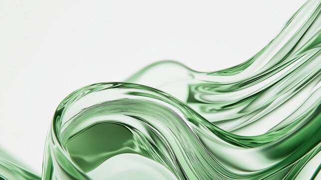 Elegant green glass waves on white background, liquid metal-inspired digital rendering with soft blurred edges, showcasing fluid motion and luxurious smooth curves in high-quality abstract art
