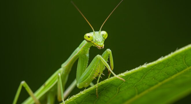 Intense Macro Portrait of a Curious Praying Mantis on a Leafs Edge.