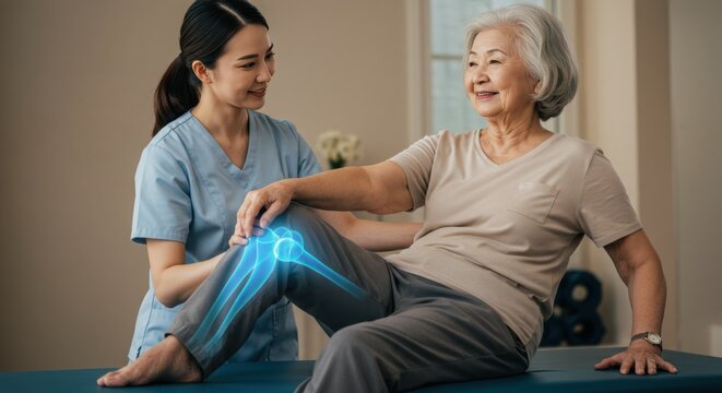 Young therapist assists senior woman with knee rehabilitation exercise