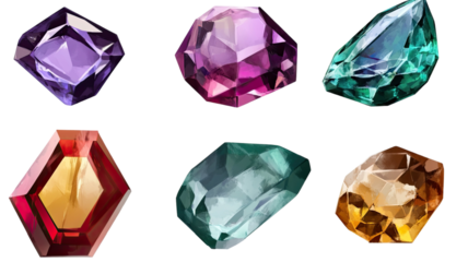 Assorted Sparkling Colorful Gems and Precious Stones in Various Cuts Isolated on White Background