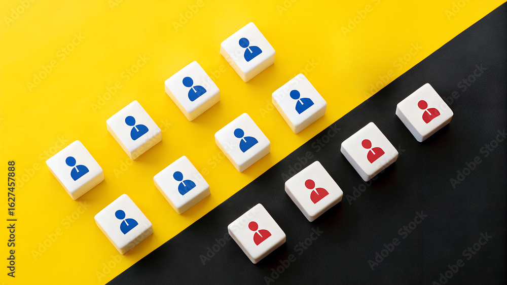 Poster group segmentation concept – differentiated person icons on white cubes over yellow and black backgr