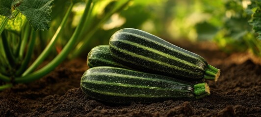 The fresh zucchinis nestled in rich soil ready for harvest.