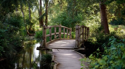 Obraz premium Rustic wooden footbridge over calm river in peaceful nature landscape