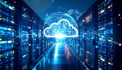 Cloud computing infrastructure with global connectivity, central cloud icon surrounded by digital app symbols, server racks in background, blue