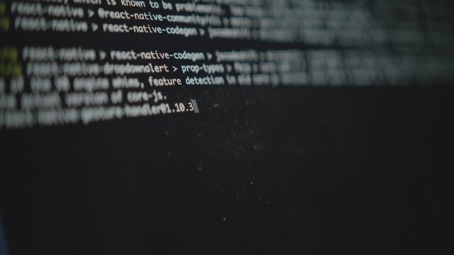 A close-up shot of a computer's command line interface. A blinking cursor and running text show a system process or script executing. Concept of hacking or software development