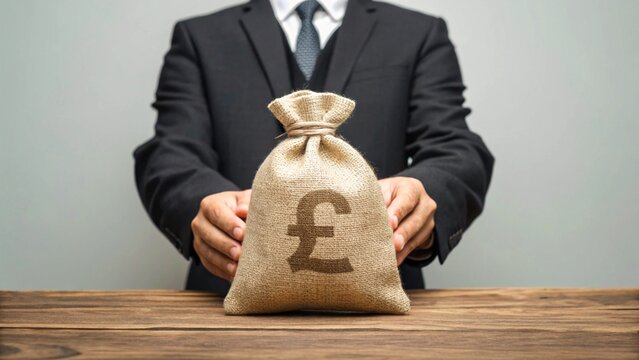 Wealth Transaction Concept – Person in Suit Holding Money Bag with Pound Symbol on Wooden Table, Finance, Currency, Abstract, Symbolic, Wealth
