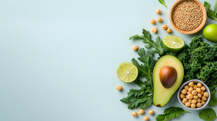 Vibrant display of fresh ingredients including avocado, kale, chickpeas, and lime on light background, perfect for healthy eating inspiration