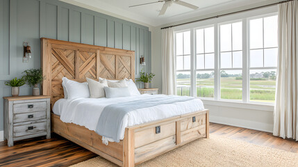 Bright and airy bedroom features light wood platform bed with white bedding, complemented by large windows and serene view. room includes rustic nightstands and woven rug, creating cozy atmosphere