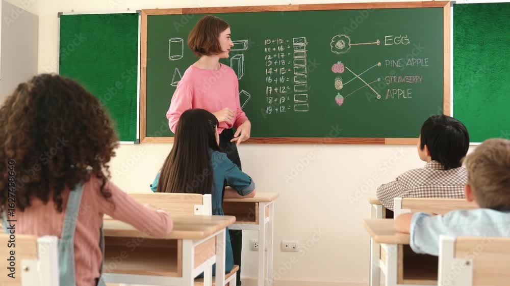 Poster caucasian teacher teach math while boy raised hand to ask question at classroom. professional instru