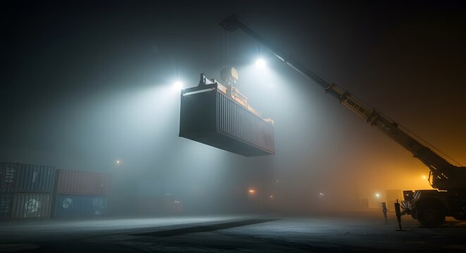 Night Fog Crane Lifts Container in Atmospheric Port Scene.