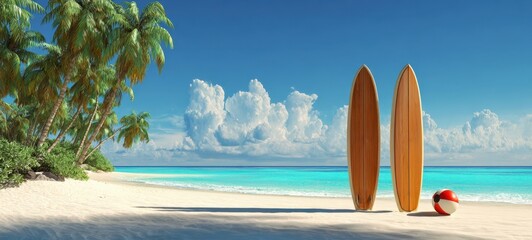 The beautiful beach scene with surfboards and a colorful beach ball.