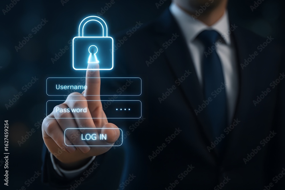 Poster businessman accessing secure online login with glowing padlock, emphasizing data protection and digi