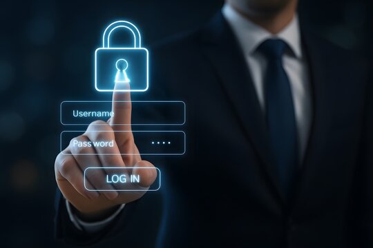 Businessman accessing secure online login with glowing padlock, emphasizing data protection and digital security