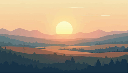 Obraz premium Sunset Over Mountain Landscape with Layers of Forest and Rolling Hills in Warm Colors
