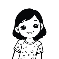 Obraz premium Smiling girl with short hair in a patterned shirt, facing forward, in a simple, stylized illustration. Young female cartoon character in a casual setting. Generic illustration.