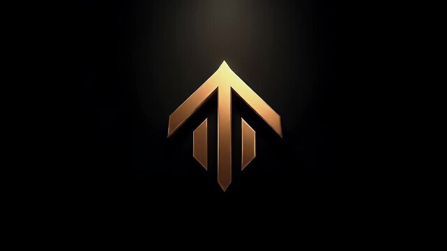 Mock-up illustrated logo for a finance or fintech startup&mdash;sharp upward arrows forming a sleek monogram-inspired symbol in metallic gold on matte black.

