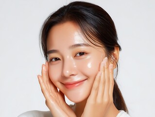 Skin care. Woman with beauty face touching healthy facial skin portrait. Beautiful smiling asian girl model with natural makeup touching glowing hydrated skin ads background closeup