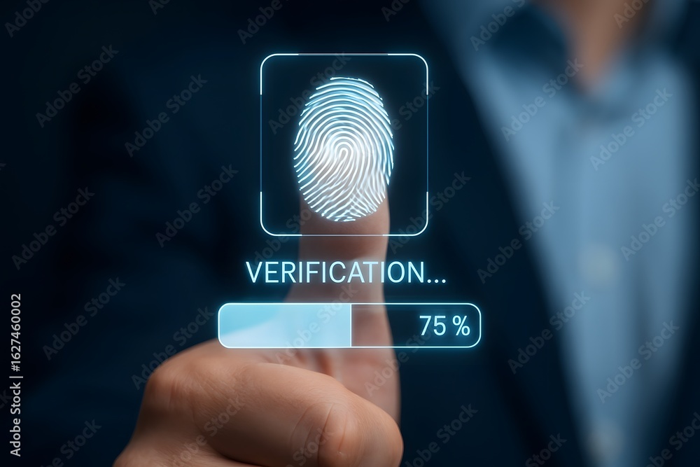 Poster fingerprint verification process with digital interface, security and access concept, biometric iden