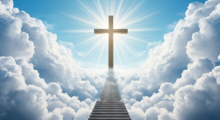 Cross shining brightly in the sky with a staircase leading upwards