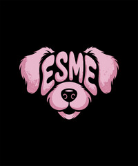 Esme wordmark dog face logo, pink vector illustration, playful mascot design
