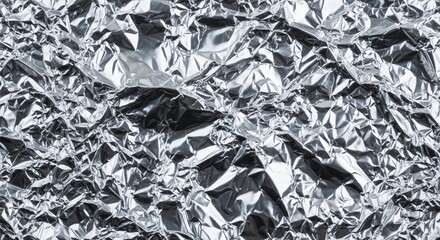 A macro top-down view of a heavily crumpled aluminum foil sheet creating a shiny metallic abstract texture background with harsh shadows