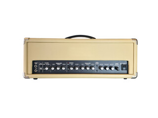 Cream colored Vintage amplifier with equalizer on black panel isolated and overdrive distortion,...