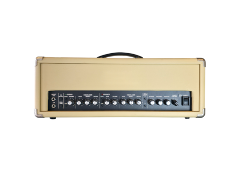 Cream colored Vintage amplifier with equalizer on black panel isolated and overdrive distortion, two output on white background