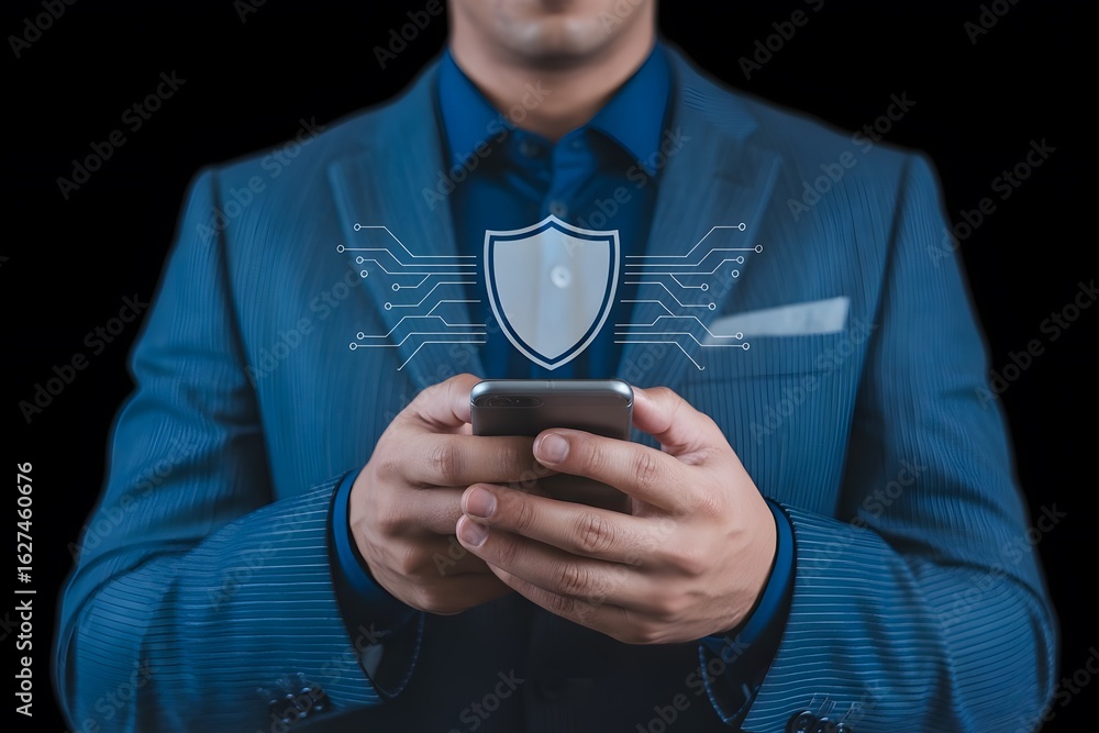 Poster professional in a suit using smartphone with digital shield, showcasing cyber security and data prot