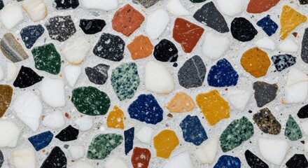 A close-up texture of a classic terrazzo floor pattern with large colorful aggregate chips like blue orange and black in a white matrix