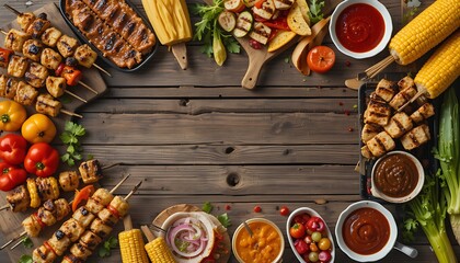 a rustic wooden picnic table laden with an array of freshly grilled chicken skewers, vibrant grilled vegetables corn on the cob, and various BBQ sauces in small ramekins. Soft, diffused daylight.