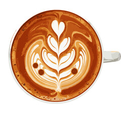 Top view of a meticulously crafted latte art showcasing a delicate flower pattern in a creamy coffee drink with rich brown hues and a smooth, inviting texture