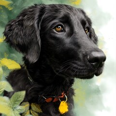 children's book cover illustration featuring a black Miniature Flat-Coated Retriever dog. The dog should have a wilful, mischievous expression--full of cheeky