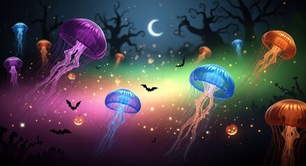 Naklejka premium Glowing jellyfish float in a dark forest under a crescent moon.