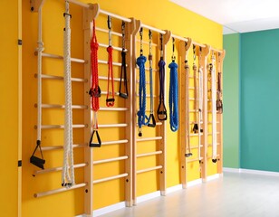 Exercise equipment neatly organized on wall-mounted wooden racks against a yellow wall in a fitness studio