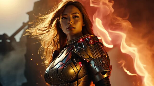 Action shot with woman in the sci-fi battle scene, superhero surrounded by sparkles. Dynamic scene in action movie blockbuster style