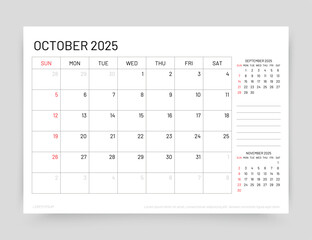October 2025 calendar. Planner calender layout. Week starts Sunday. Desk monthly organizer. Timetable template. Table schedule grid. Corporate diary. Vector simple illustration. Paper size A5