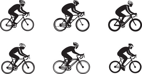 Set of six stylized black silhouettes of cyclists in motion on bicycles