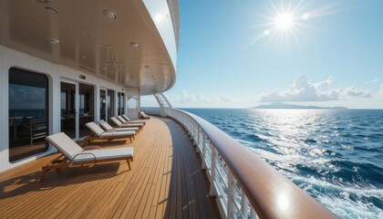 Obraz premium Luxury Cruise Deck with Loungers and Ocean View on Sunny Day.
