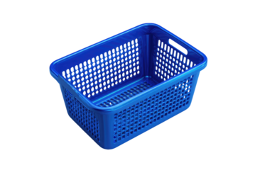 Empty, rectangular, blue plastic storage basket with perforated sides